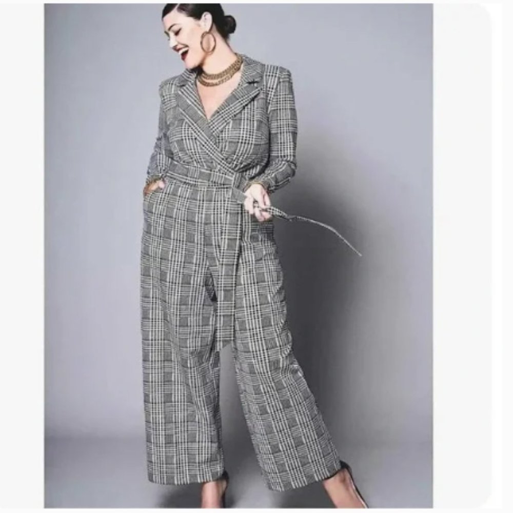 Eloquii Wide Leg Glen Jumsuit 18 Black Plaid Long Sleeve Collar NO BELT Pockets